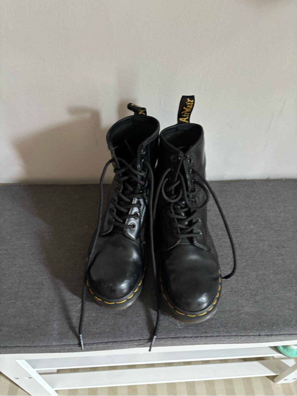 Dr. Martens Black vegan Leather Lace-Up Boots with Yellow Stitching